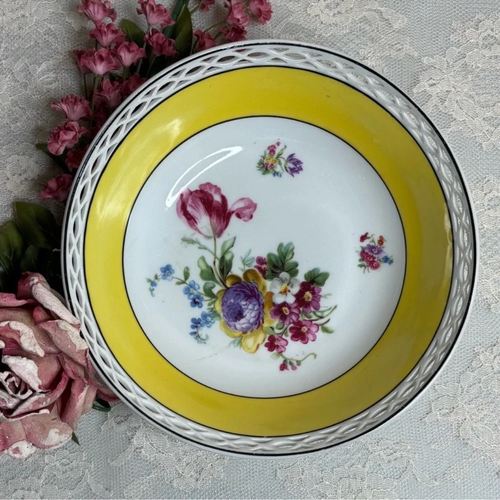Vintage Floral Bowl Bavaria Serving Dish Cottage Rose Flower Cut Out Pink White